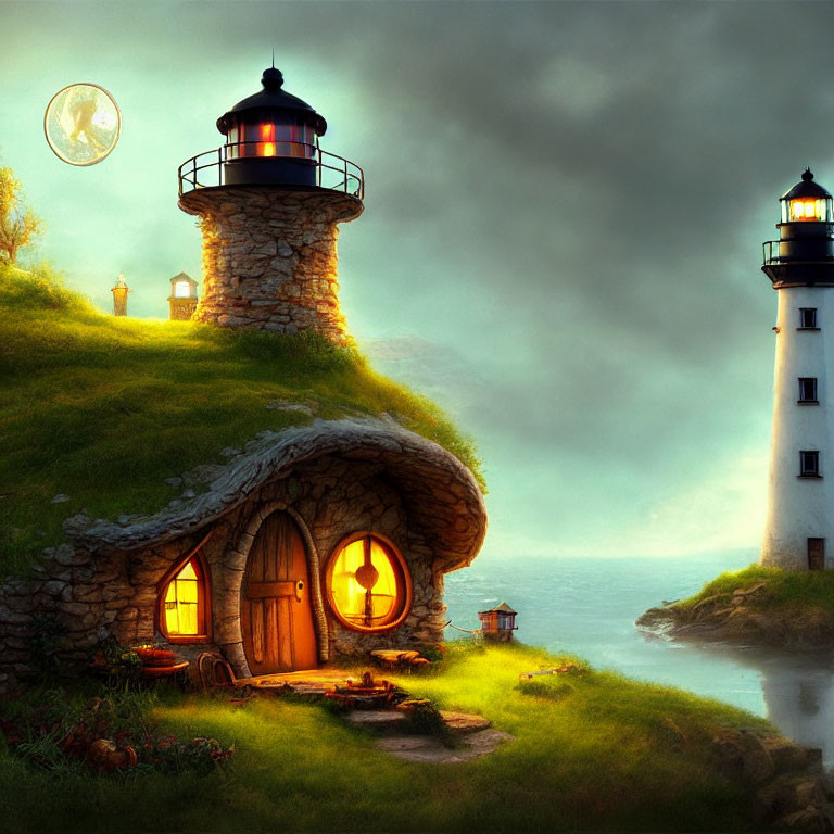 Stone cottage and lighthouse in fantasy landscape under full moon