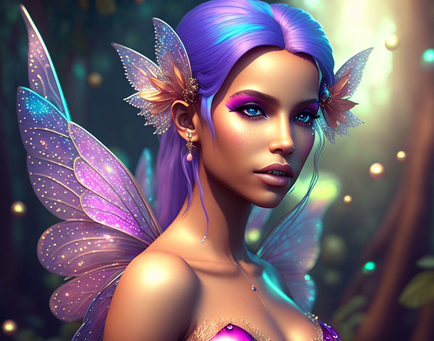 Fantastical female figure with violet hair and butterfly wings in woodland scene