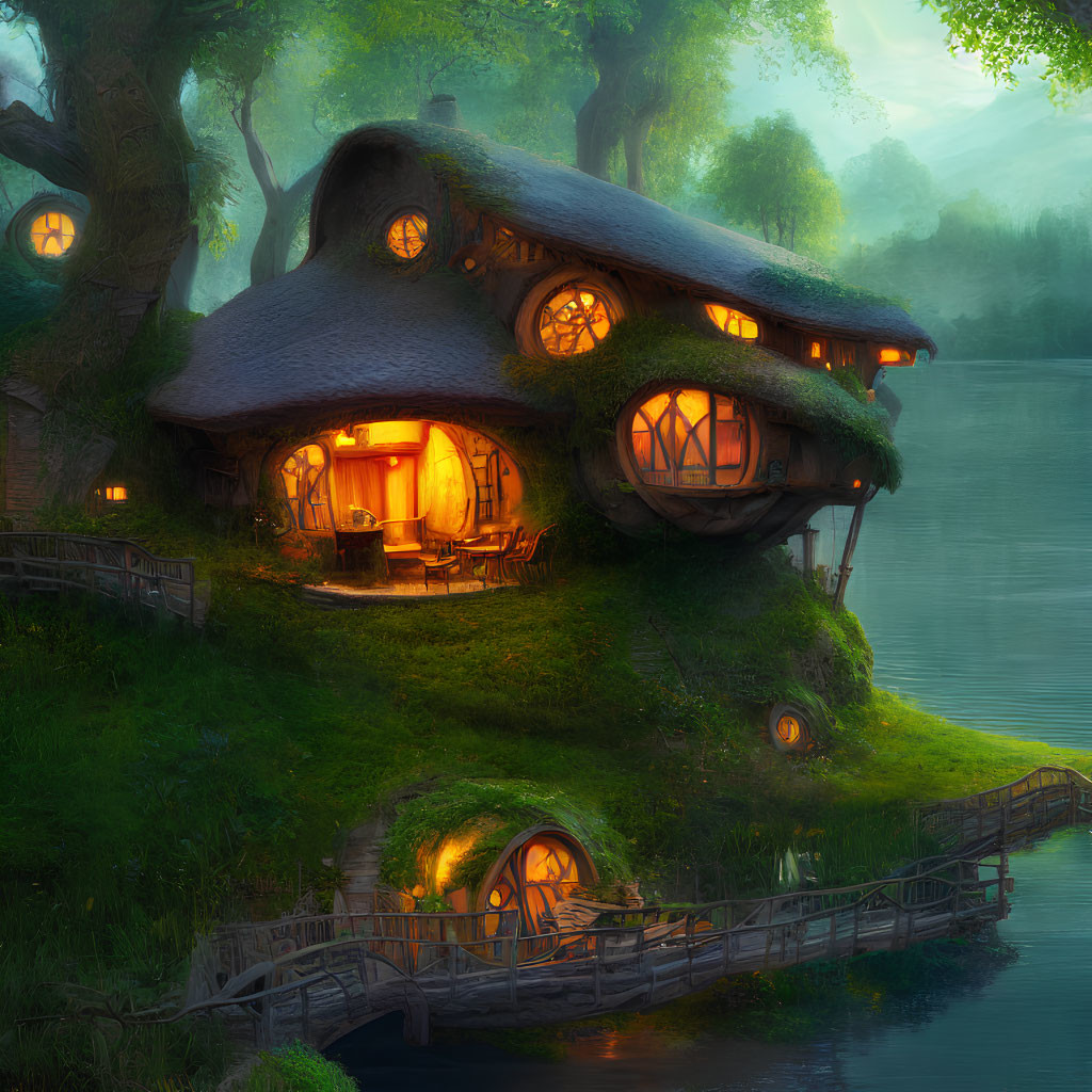 Enchanting fantasy cottage with thatched roofs in lush forest at twilight