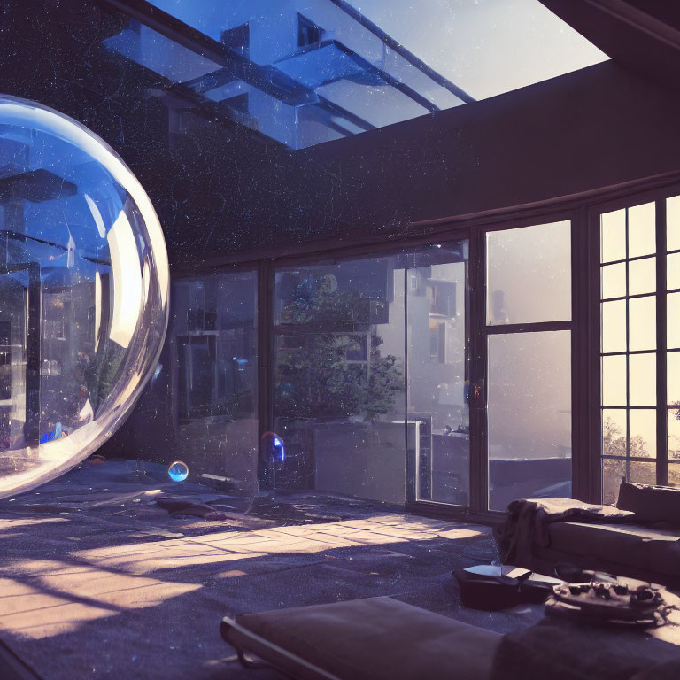 Contemporary room with large windows and floating bubbles in serene sunset light.