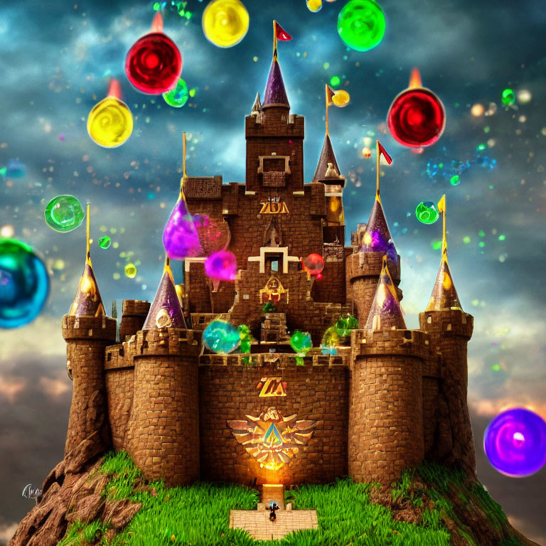 Fantastical castle with Zelda logo in vibrant scene