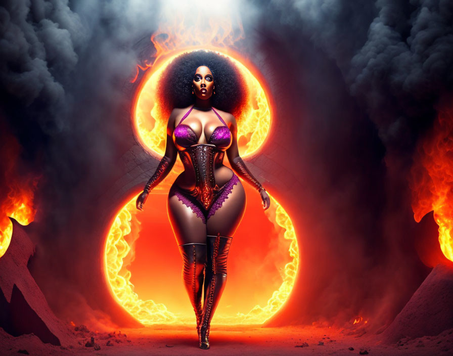 Digital artwork: Stylized woman with hourglass figure in fiery eclipse scene.