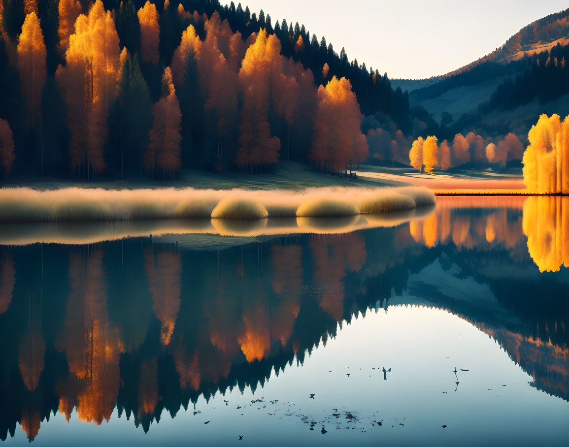 Vibrant golden trees in autumn landscape with calm lake and shadowed mountain.