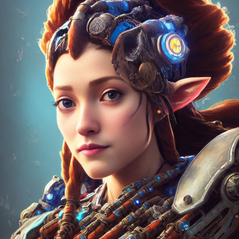 Female character with red hair, blue headpiece, and futuristic armor in close-up portrait