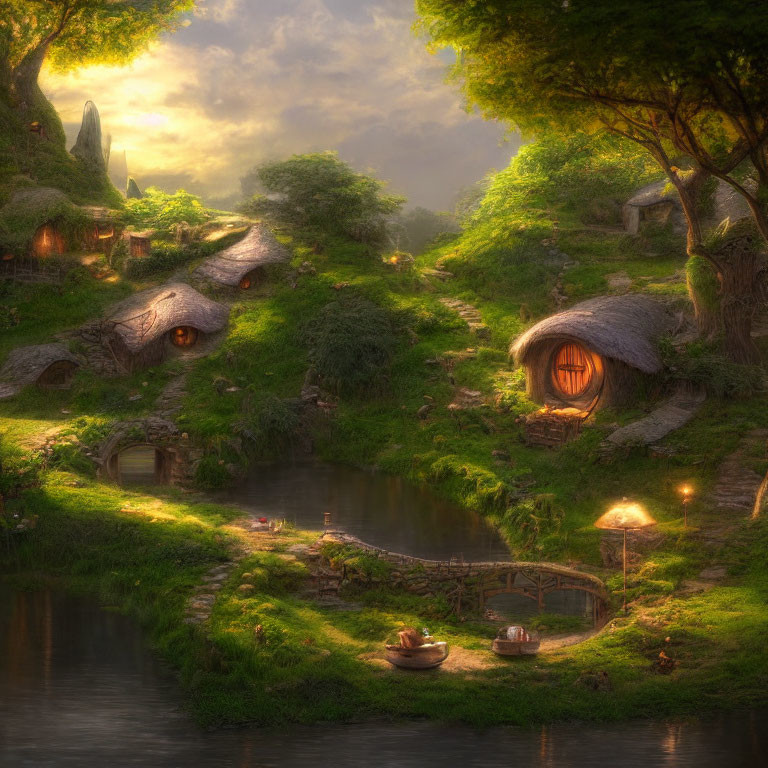 Fantasy Village: Hobbit-Like Houses in Green Hills, Glowing Windows, Tranquil Stream