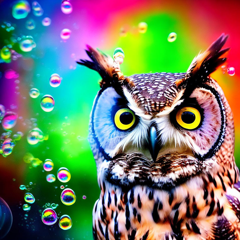 Striking Yellow-Eyed Owl on Vibrant Multicolored Background