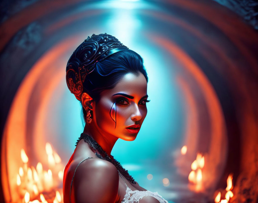 Woman with ornate headpiece and blue hair against fiery backdrop