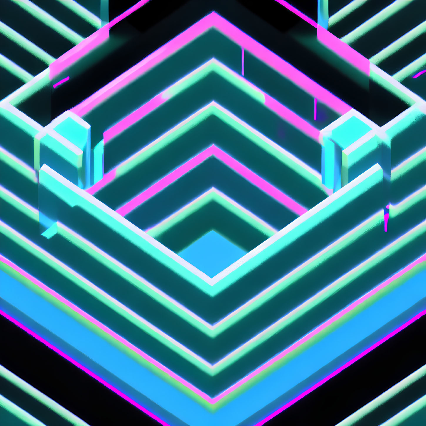 Colorful 3D rendering of abstract geometric structure with neon lights