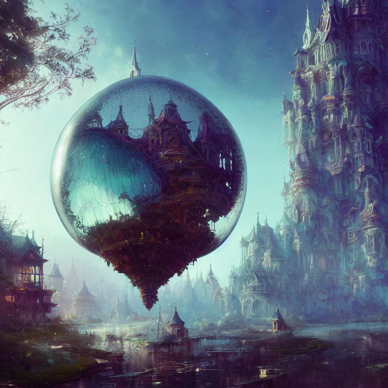 Floating City in Glass Sphere Over Serene Lake and Traditional Buildings