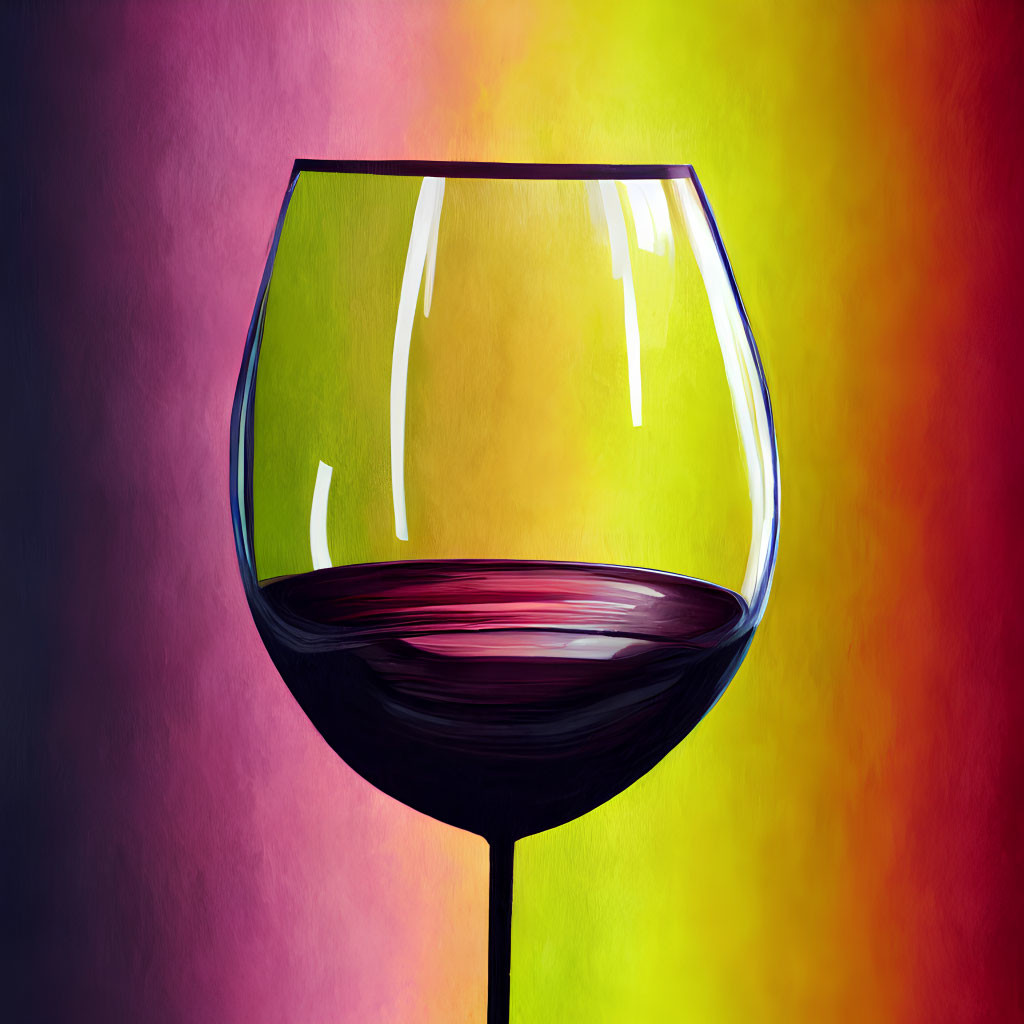 Red liquid in wine glass on colorful backdrop