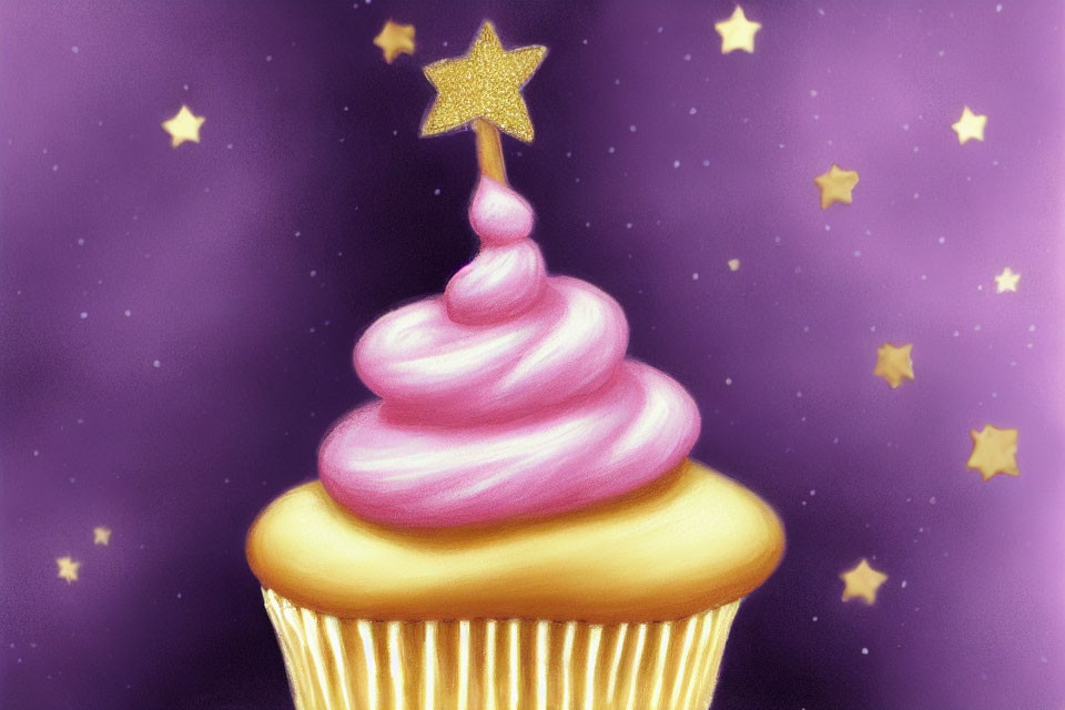 Whimsical pink frosted cupcake on purple starry background