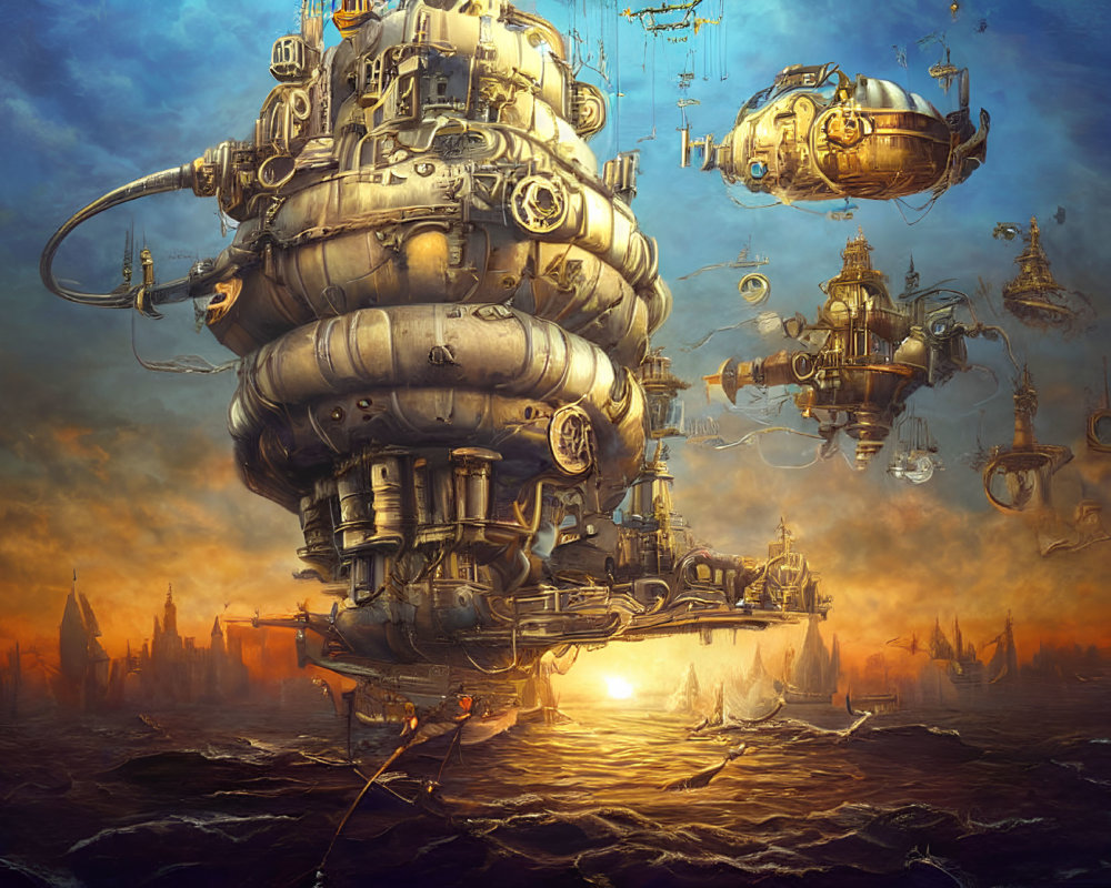 Steampunk city floating above fiery ocean with airships and dramatic sky