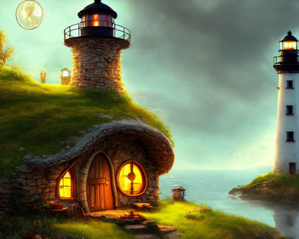 Stone cottage and lighthouse in fantasy landscape under full moon