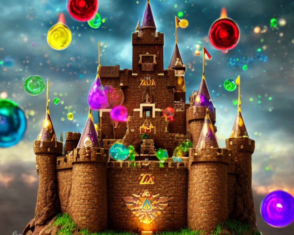 Fantastical castle with Zelda logo in vibrant scene