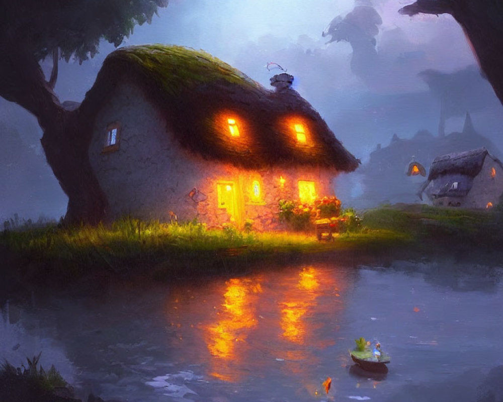 Quaint Thatched-Roof Cottage Reflecting on Serene Pond at Dusk