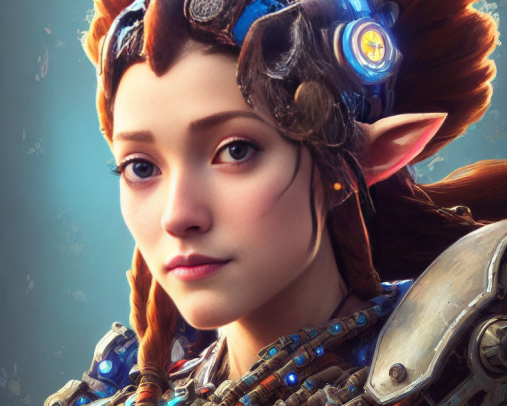 Female character with red hair, blue headpiece, and futuristic armor in close-up portrait