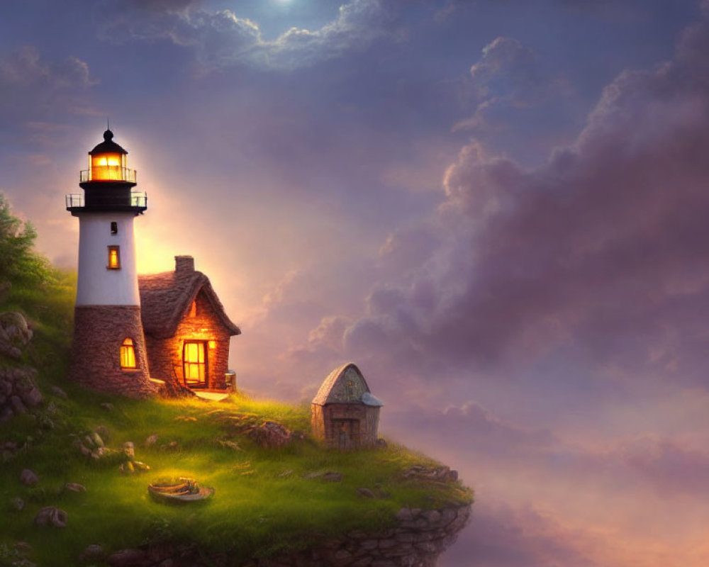 Lighthouse on lush cliffside under twilight sky