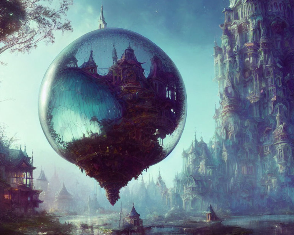 Floating City in Glass Sphere Over Serene Lake and Traditional Buildings