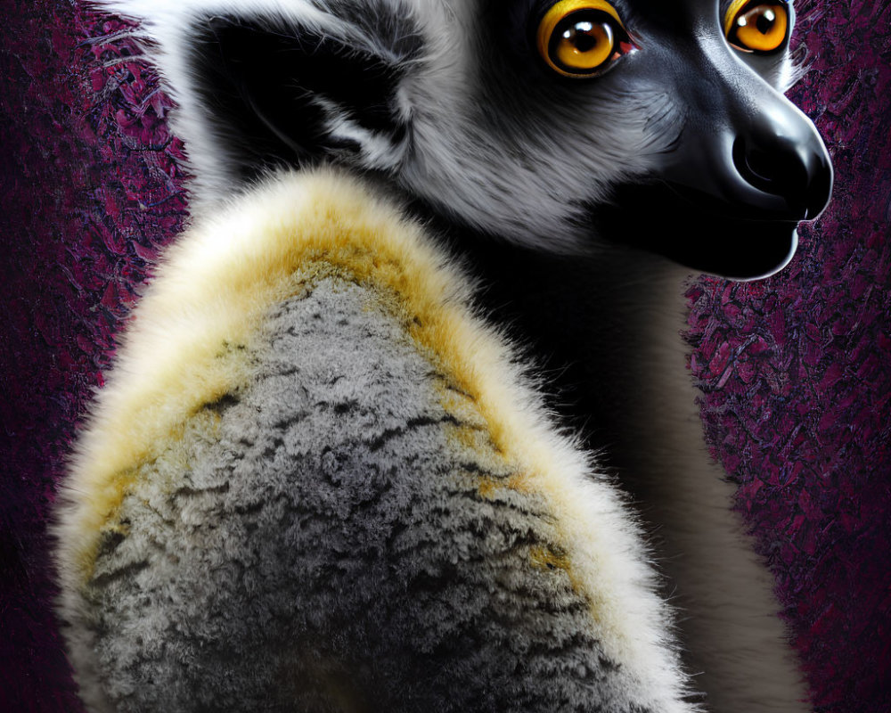 Detailed Ring-Tailed Lemur with Orange Eyes and Fur Patterns on Purple Background