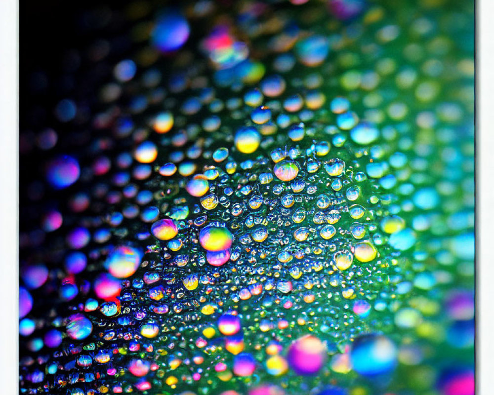 Vibrant blues, greens, and pinks in water droplet bokeh effect