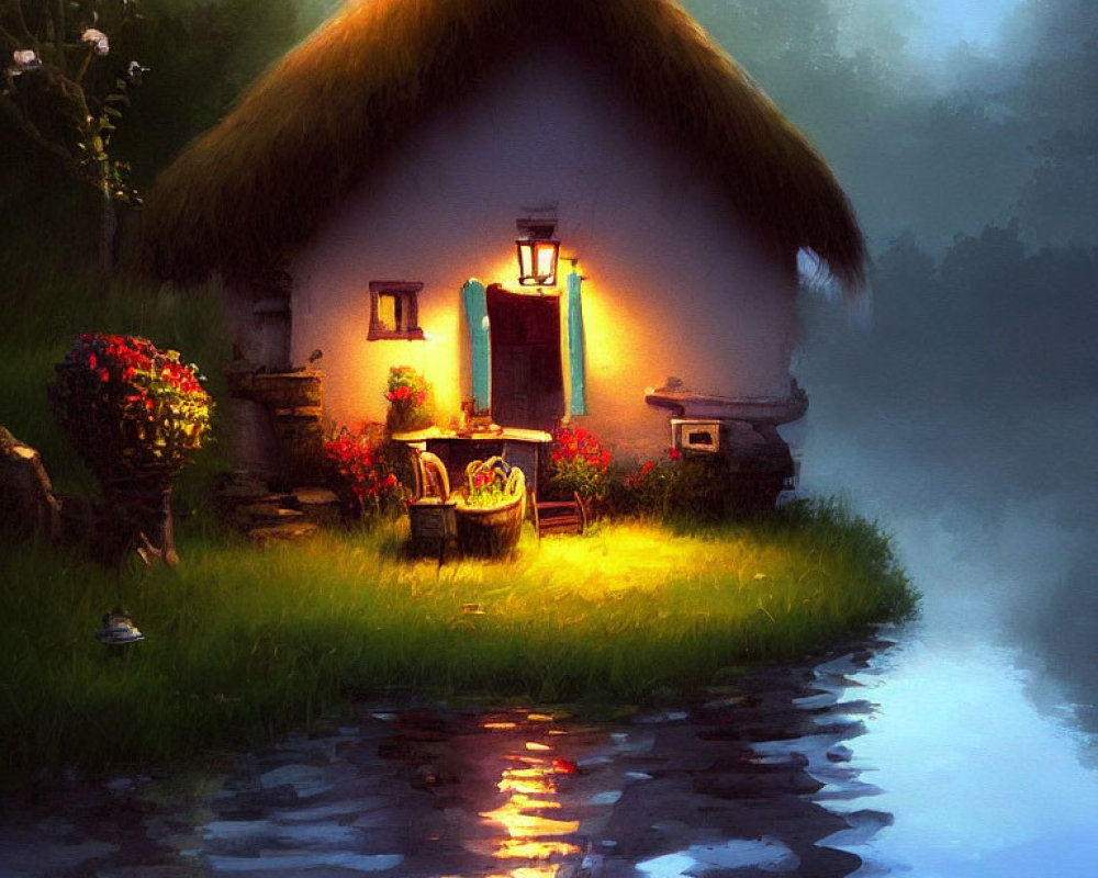 Charming Thatched Cottage at Twilight by Calm River