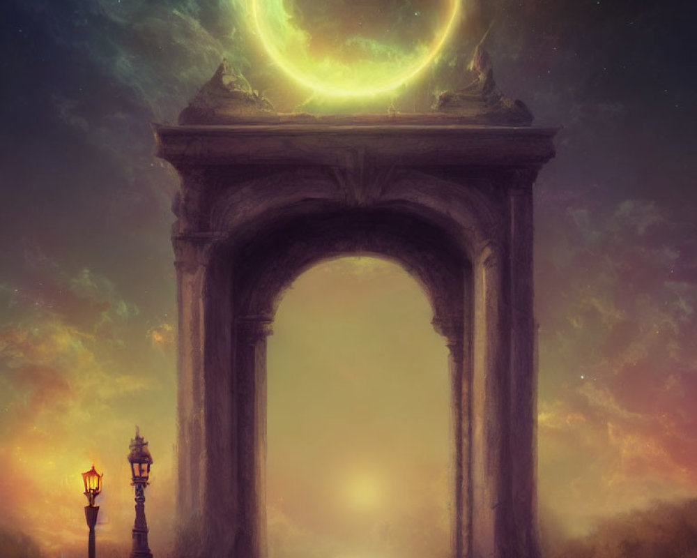 Ethereal archway with crescent moon, lamp posts, and mystical night sky