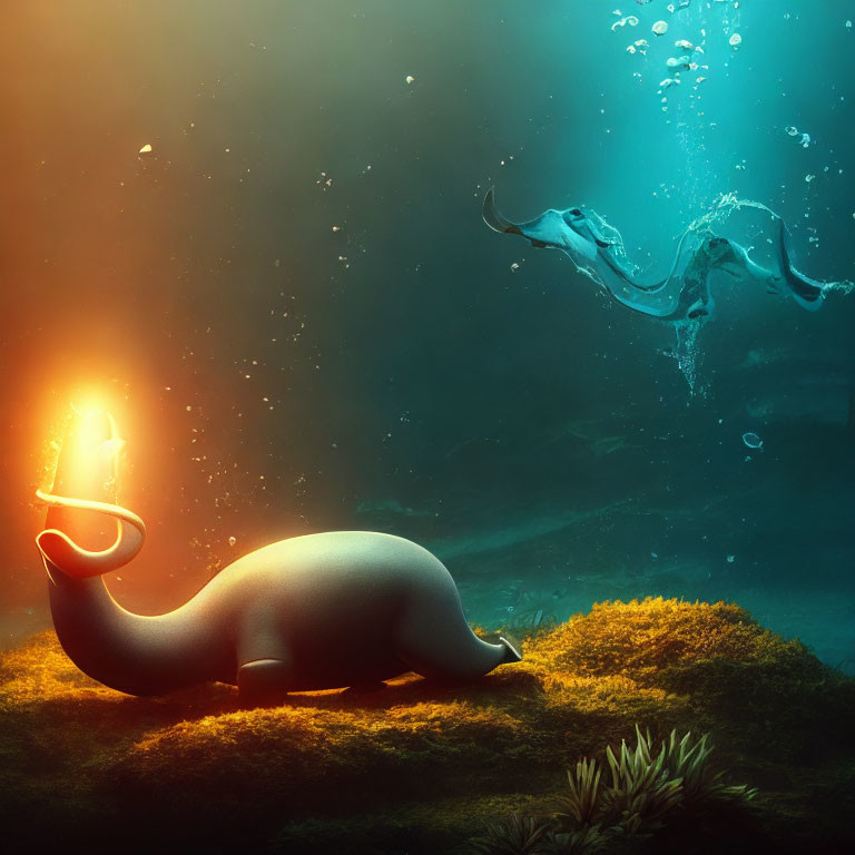 Stylized elephant-like creature in surreal underwater scene