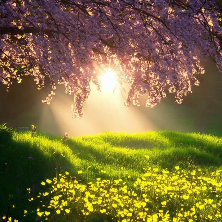 Sunlight through cherry blossom canopy onto yellow flowers and green grass