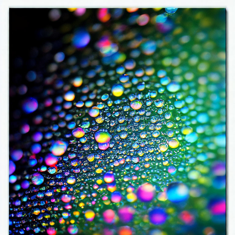 Vibrant blues, greens, and pinks in water droplet bokeh effect