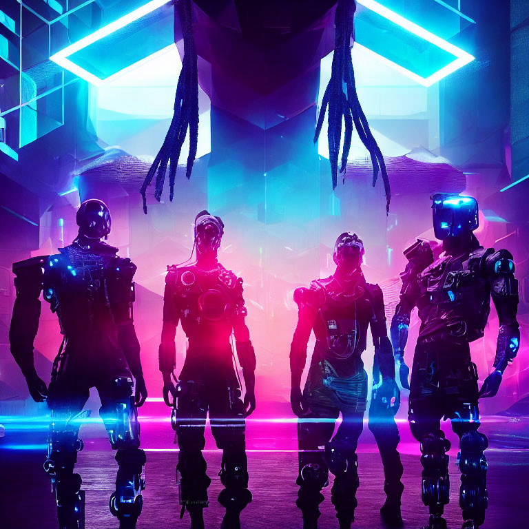 Futuristic robots under neon lights in sci-fi setting