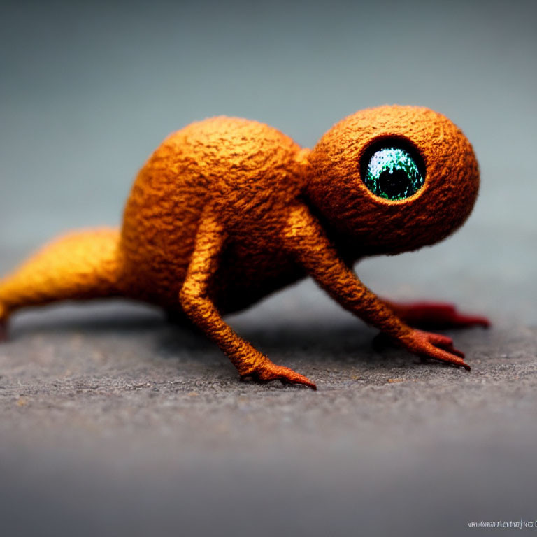 Orange plush chameleon toy with green eyes and red feet on grey background