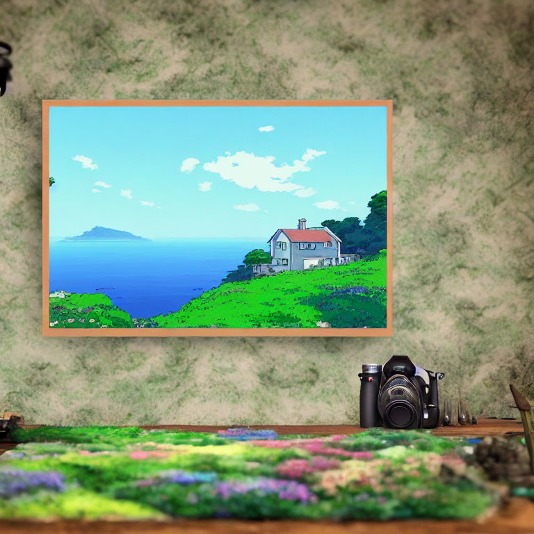 Pixel Art Coastal Landscape with House, Greenery, Camera, and Color Palette Displayed on Wall