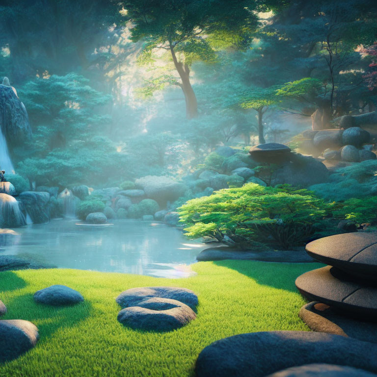 Tranquil garden scene with stepping stones, lush grass, serene pond, vibrant foliage, and soft