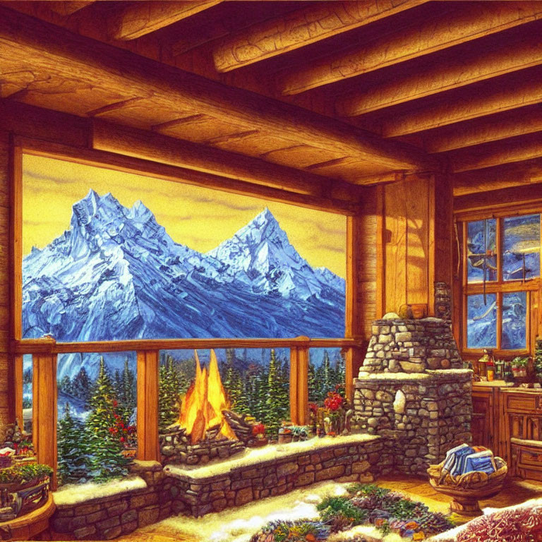 Cozy Cabin Interior with Fireplace, Festive Decor, Snowy Mountain View