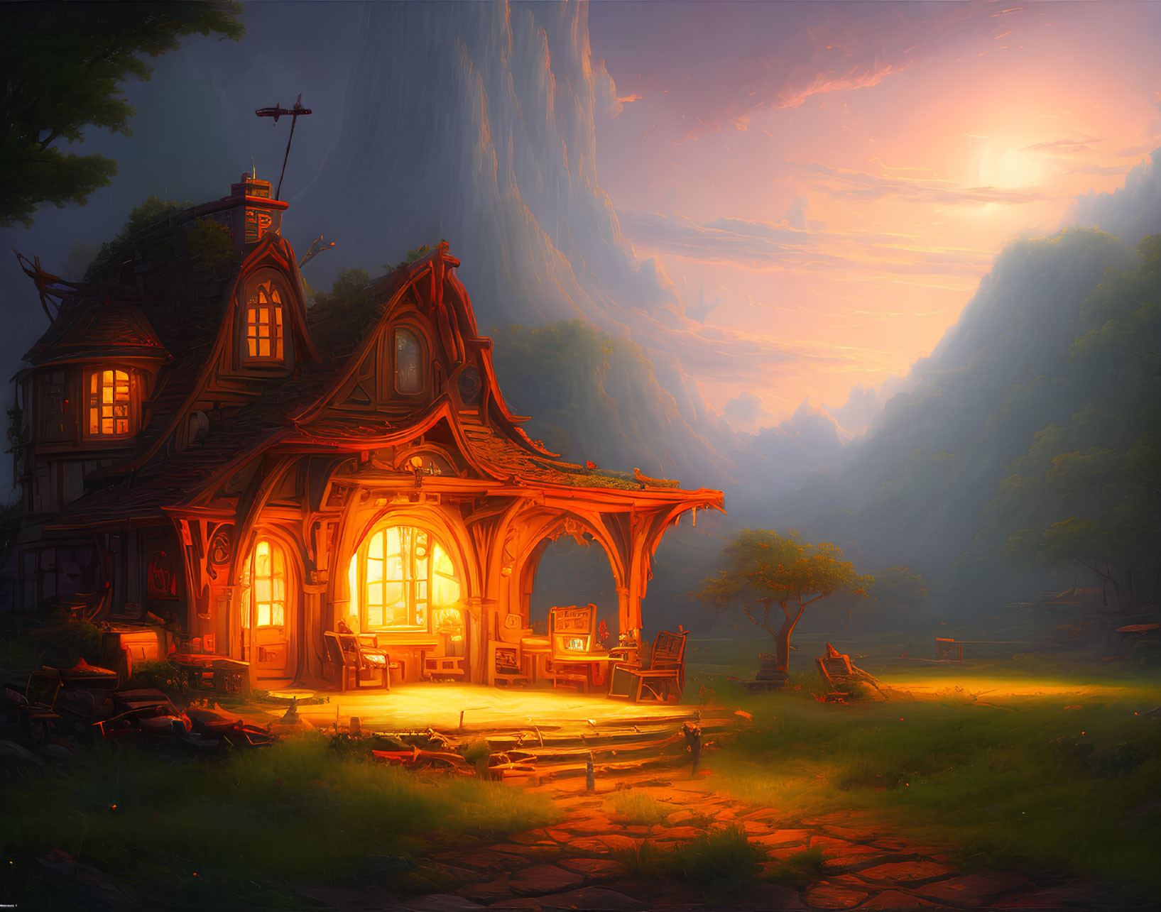 Charming fantasy cottage in serene meadow at sunset