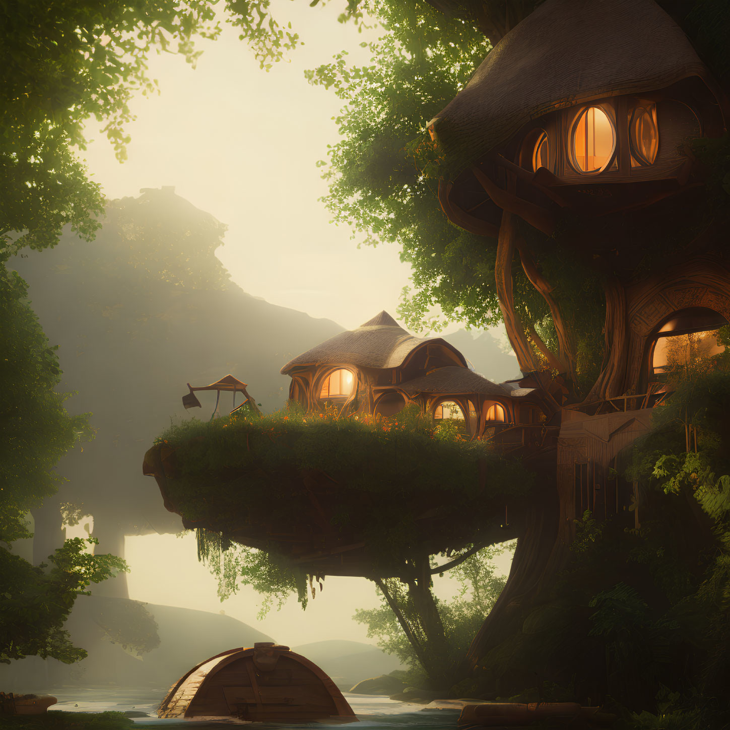 Glowing windows treehouse in lush forest at dusk