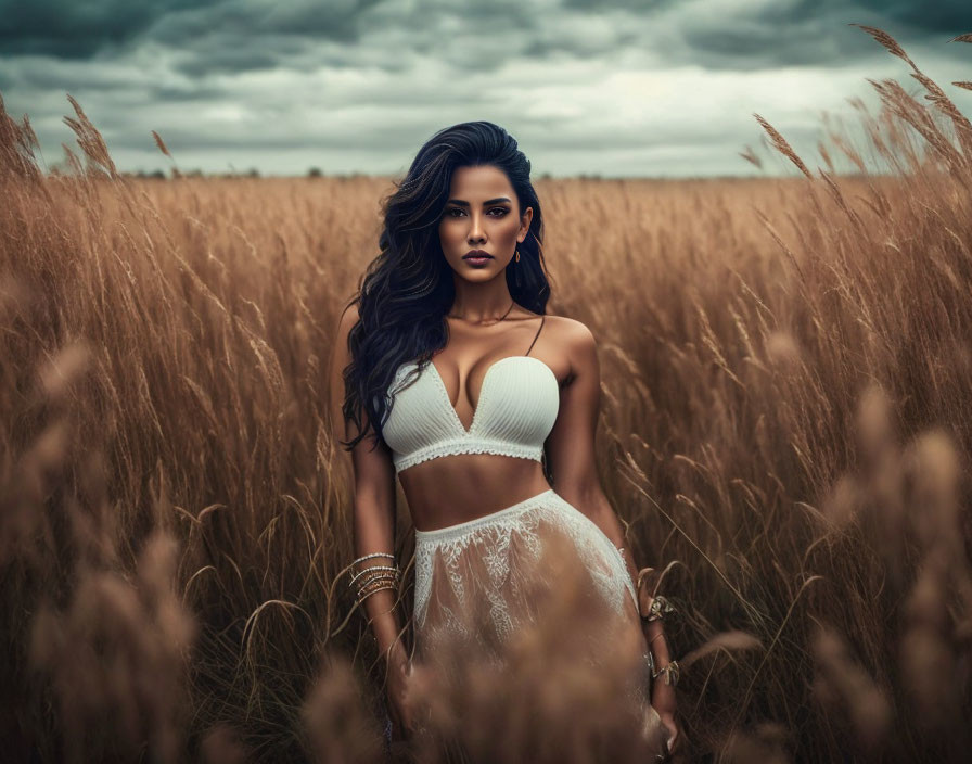 Woman in white dress standing in golden grass field under cloudy sky