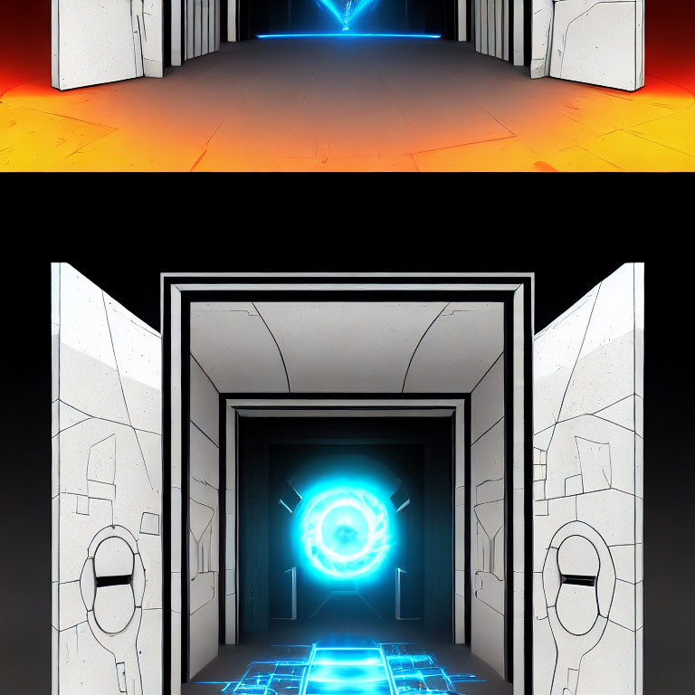 Futuristic sci-fi corridor with glowing walls and blue energy portal