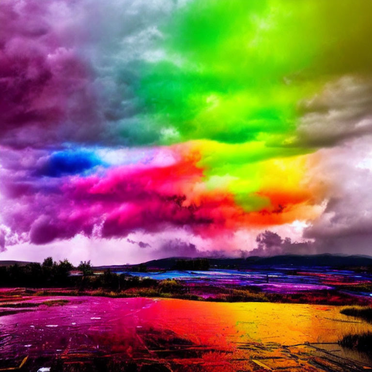 Vividly colored surreal landscape with multicolored sky and ground