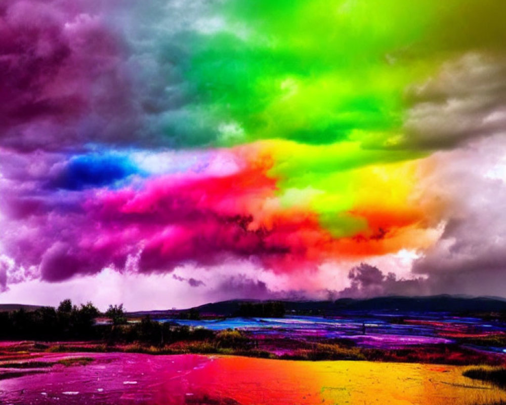 Vividly colored surreal landscape with multicolored sky and ground