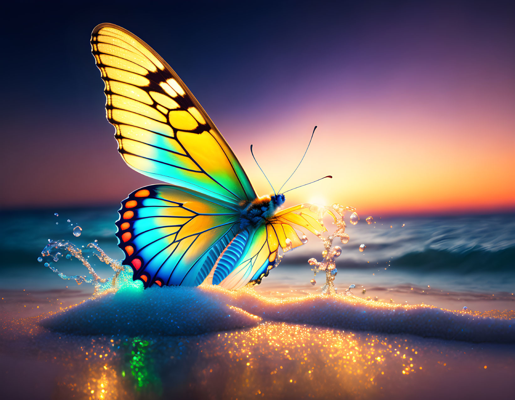 Colorful Butterfly on Sand Mound by Ocean at Sunset