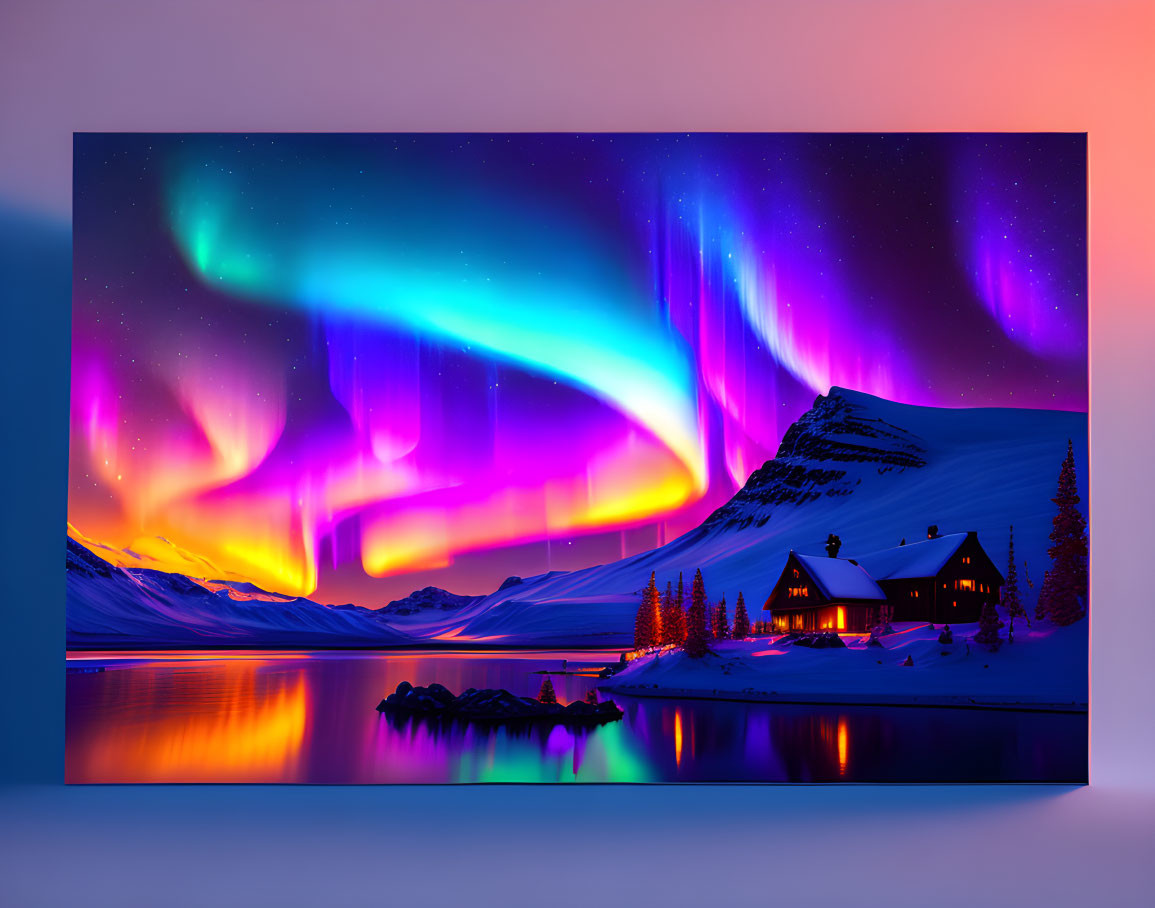 Colorful Aurora Borealis Over Snowy Mountain and Lakeside Cabin at Dusk