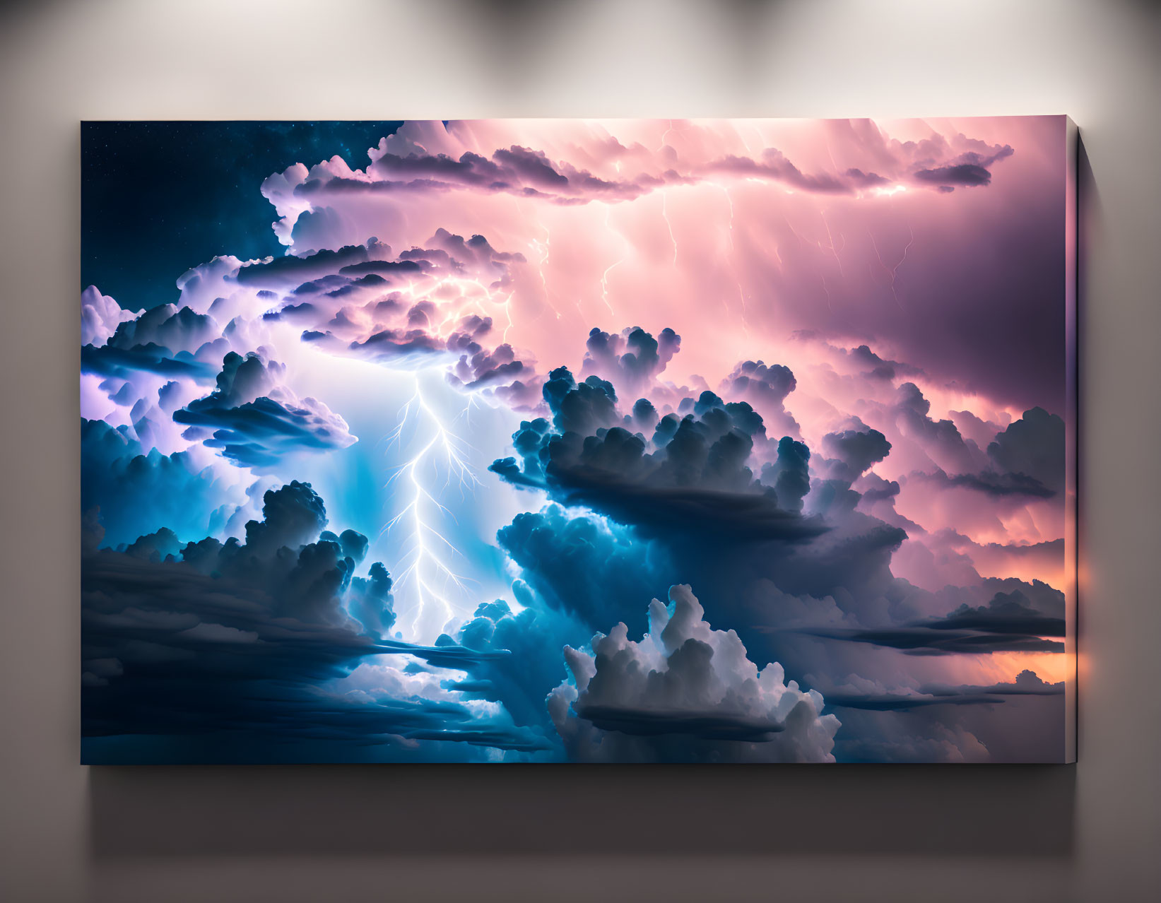 Dramatic thunderstorm canvas print with vivid lightning and pink/blue clouds