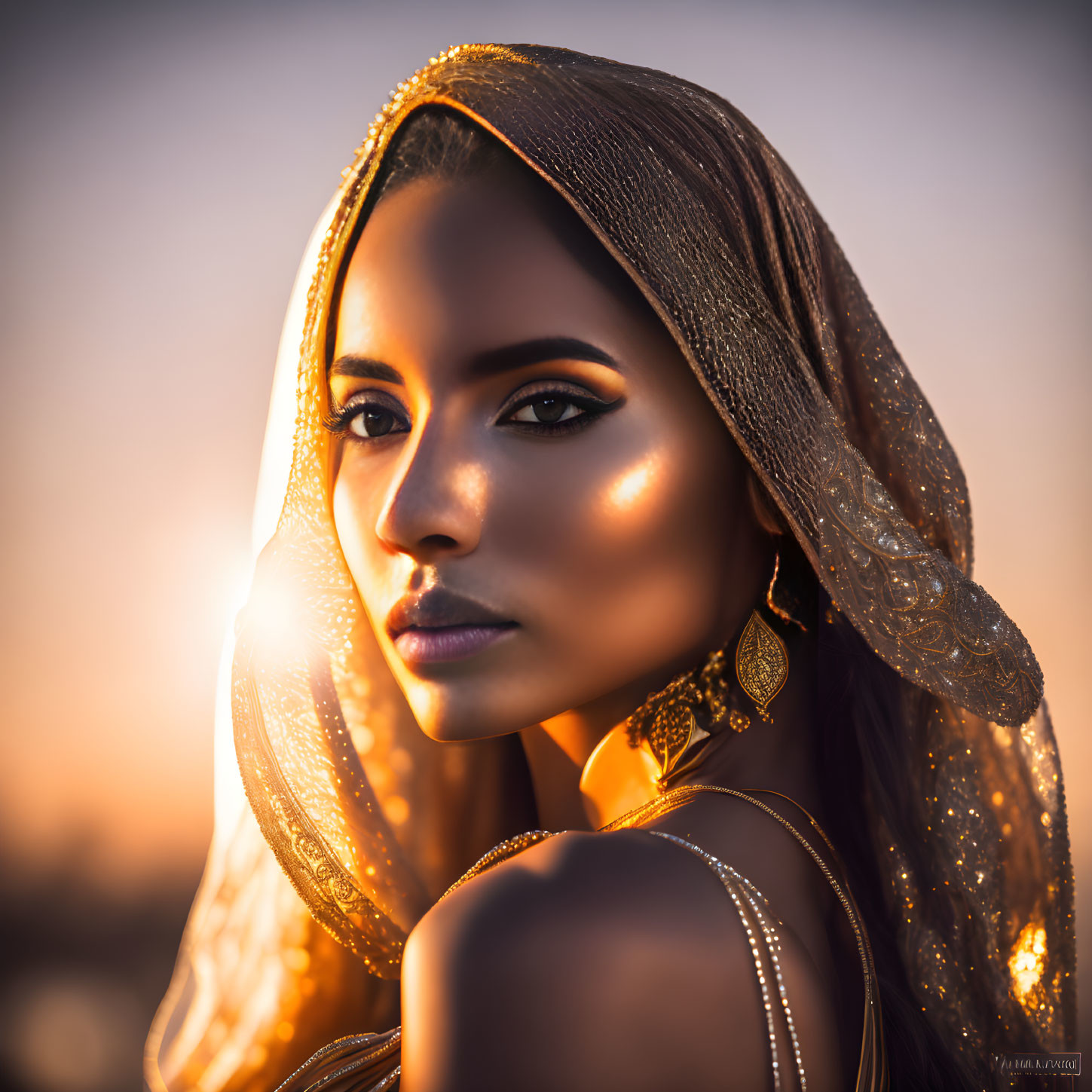 Woman in golden shawl at sunset gazing into distance.