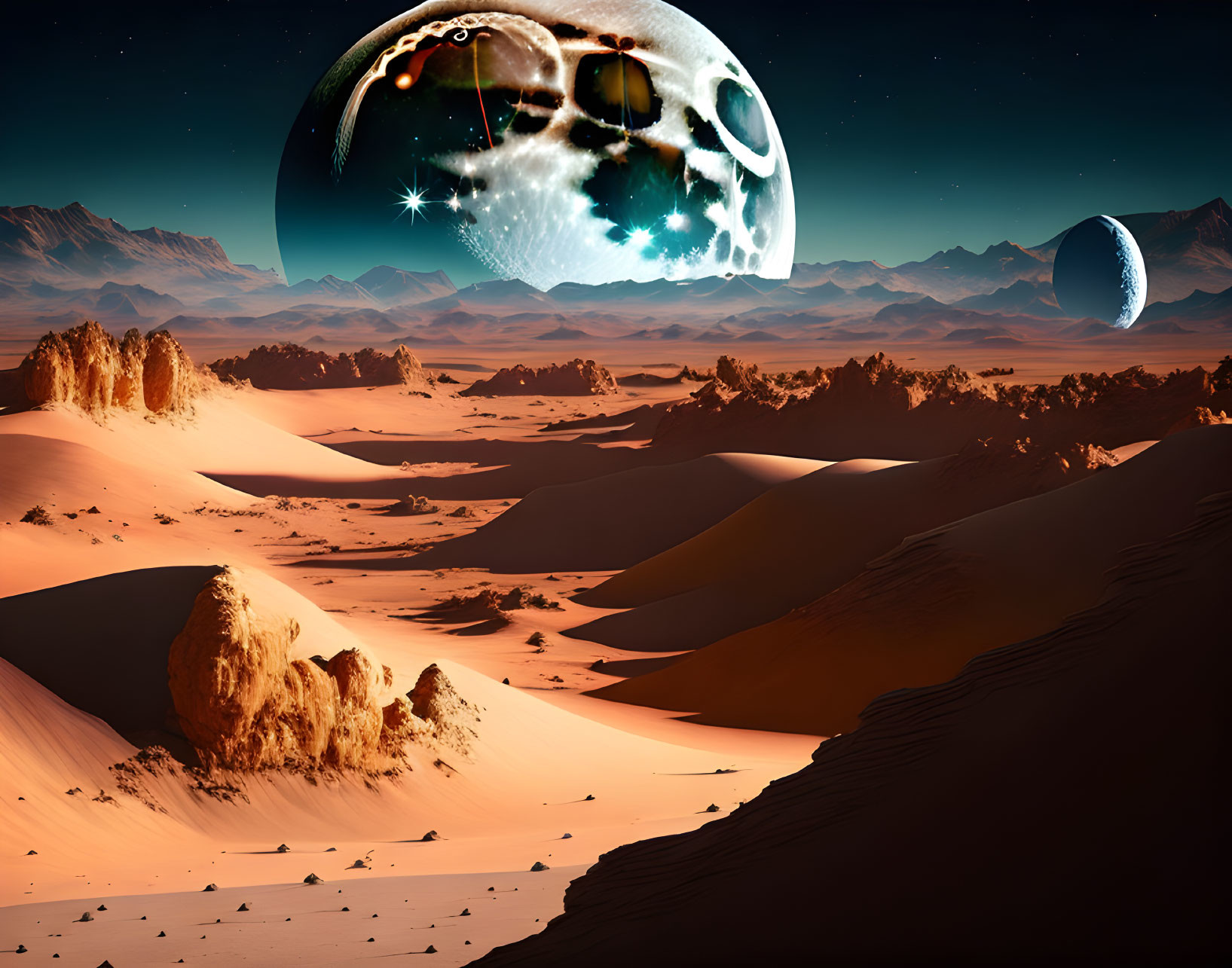 Desert landscape with dunes under starry sky and celestial bodies.