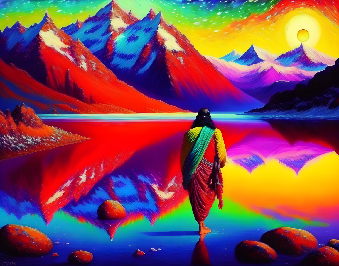 Colorful Robed Figure in Psychedelic Landscape with Vibrant Mountains and Surreal Sky