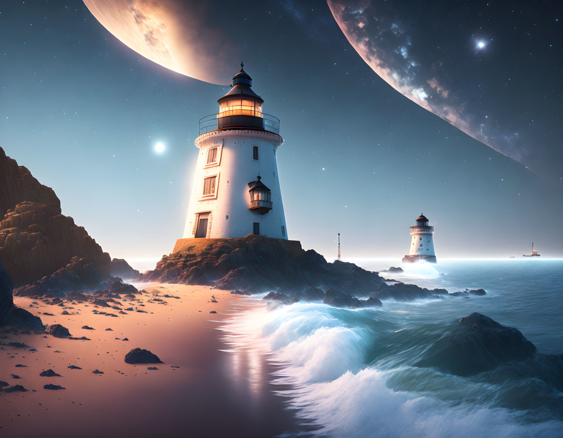 Lighthouse on rugged coastal rocks under night sky with planet and moon