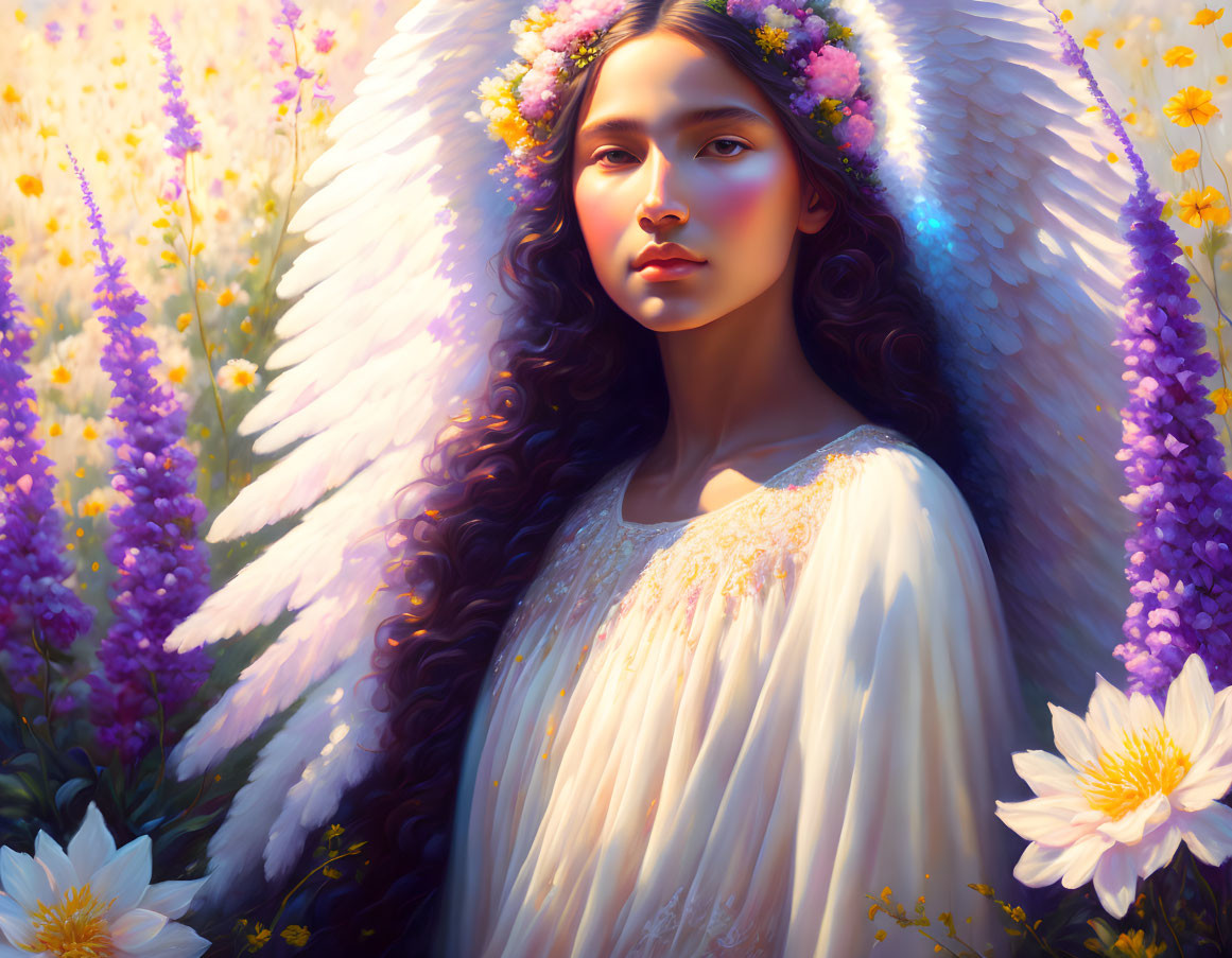 Angelic woman with wings in white dress, surrounded by flowers in golden light