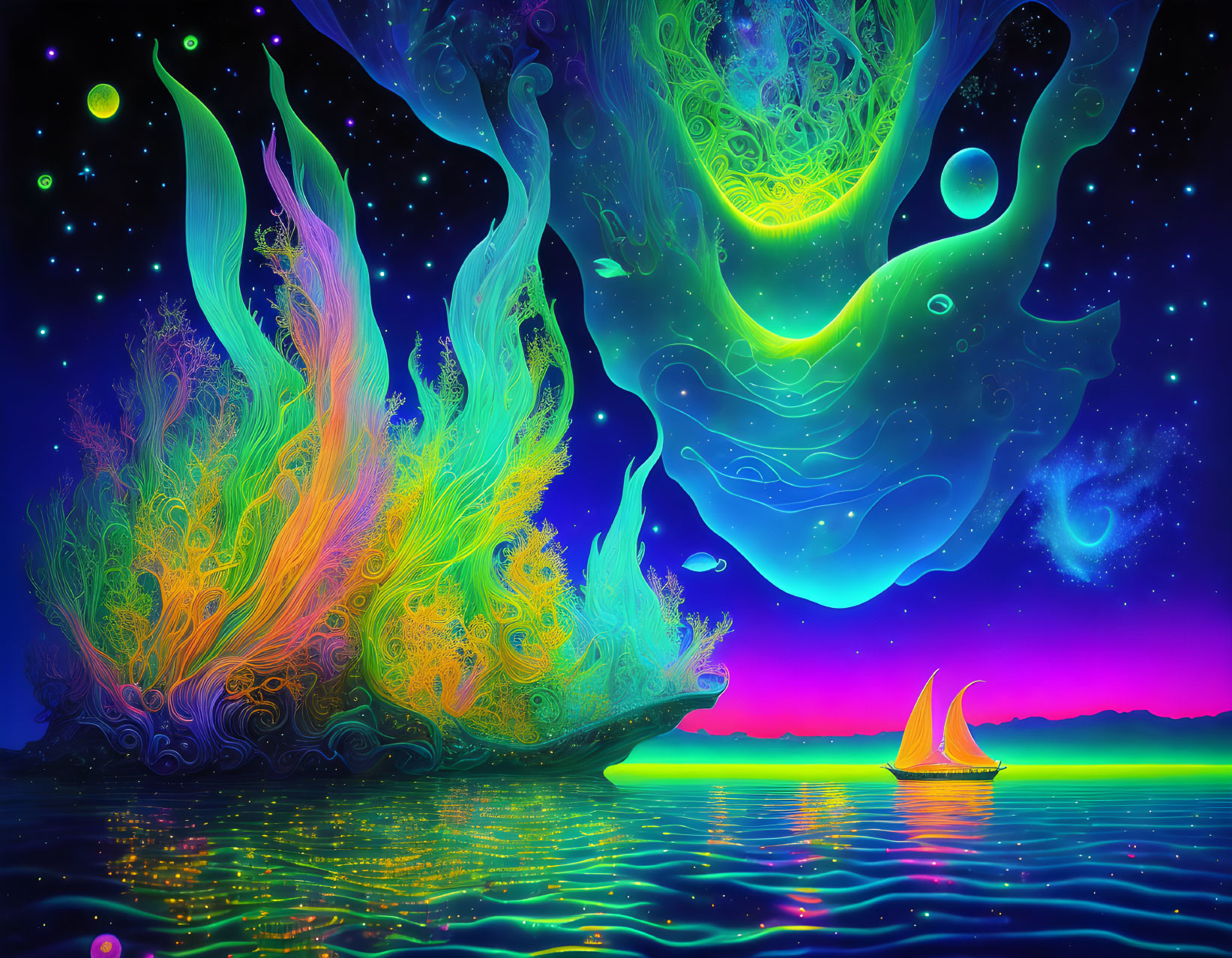 Colorful Psychedelic Art: Cosmic Tree, Sailboat, Starry Ocean