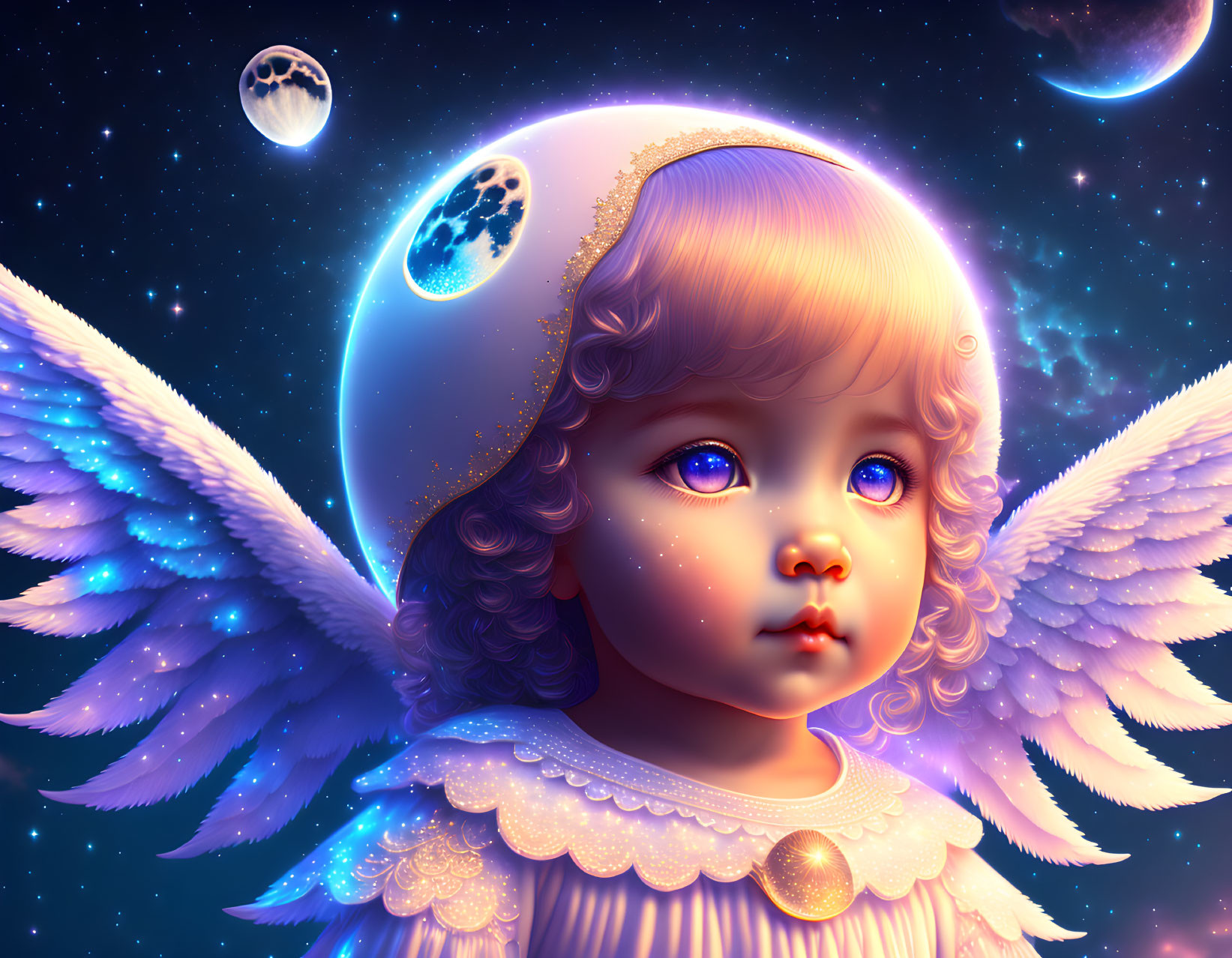 Child with angel wings in cosmic setting, featuring sparkling eyes and intricate halo